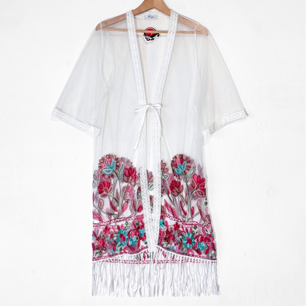 Dasayo NEW White Sheer Floral Embroidered Kimono Lace Trim Fringe Cover Up O/S